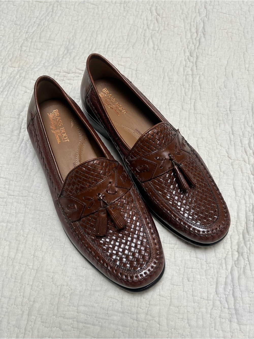 Brown Woven Leather Tassel Loafers